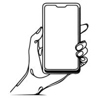 Close up hand holding modern smart phone mockup. Continuous black single lines drawing art icon. Finger touching blank screen transparent background vector