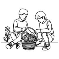 children find and pick up eggs hunt. Hand drawn bunny continuous black line drawing art. Kid carries basket easter egg doodle coloring vector illustration elements.