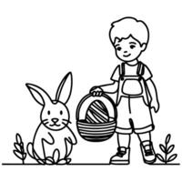 children find and pick up eggs hunt. Hand drawn bunny continuous black line drawing art. Kid carries basket easter egg doodle coloring vector illustration elements.