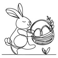 Hand drawn black line art rabbit easter egg doodle coloring linear style vector illustration elements. one continuous line drawing bunny with eggs Editable stroke outline