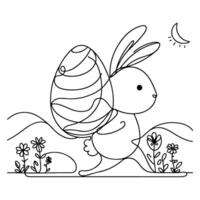 Hand drawn black line art rabbit easter egg doodle coloring linear style vector illustration elements. one continuous line drawing bunny with eggs Editable stroke outline