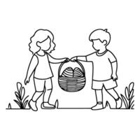 children find and pick up eggs hunt. Hand drawn bunny continuous black line drawing art. Kid carries basket easter egg doodle coloring vector illustration elements.