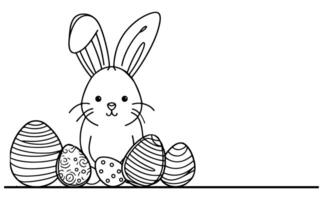 Hand drawn black line art rabbit easter egg doodle coloring linear style vector illustration elements. one continuous line drawing bunny with eggs Editable stroke outline