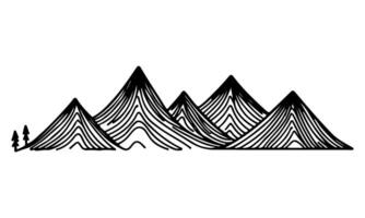 drawing mountain with forest pine trees landscape black line Sketch art Hand drawn linear style vector illustration