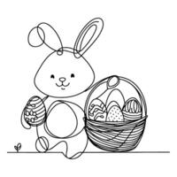 Hand drawn black line art rabbit easter egg doodle coloring linear style vector illustration elements. one continuous line drawing bunny with eggs Editable stroke outline