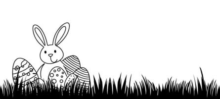 Happy easter egg day with kids, bunny. Rabbit and black grass silhouette seamless on transparent background vector