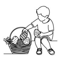 children find and pick up eggs hunt. Hand drawn bunny continuous black line drawing art. Kid carries basket easter egg doodle coloring vector illustration elements.