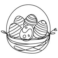 One continuous hand drawing black line basket easter eggs doodle decorated with Many different design for easter egg outline style vector