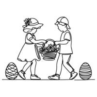 children find and pick up eggs hunt. Hand drawn bunny continuous black line drawing art. Kid carries basket easter egg doodle coloring vector illustration elements.