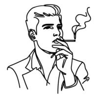 continuous line hand drawing Close up man smoking cigarette vector on white background