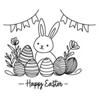 Hand drawn black line art rabbit easter egg doodle coloring linear style vector illustration elements. one continuous line drawing bunny with eggs Editable stroke outline