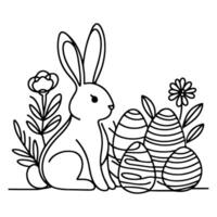 Hand drawn black line art rabbit easter egg doodle coloring linear style vector illustration elements. one continuous line drawing bunny with eggs Editable stroke outline