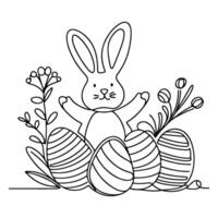 Hand drawn black line art rabbit easter egg doodle coloring linear style vector illustration elements. one continuous line drawing bunny with eggs Editable stroke outline