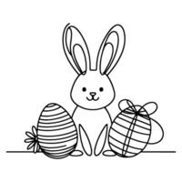 Hand drawn black line art rabbit easter egg doodle coloring linear style vector illustration elements. one continuous line drawing bunny with eggs Editable stroke outline