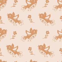 Flying birds and flowers beige seamless pattern vector