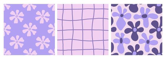 Purple seamless patterns set with flowers and grid vector