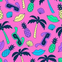 Bright colorful 90s summer seamless pattern with doodle elements vector