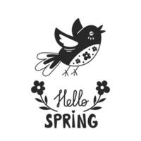 Spring flying bird flowers and text vector