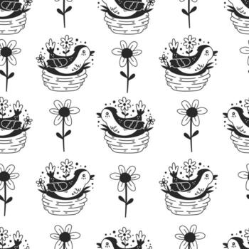Nesting bird seamless pattern in doodle style vector