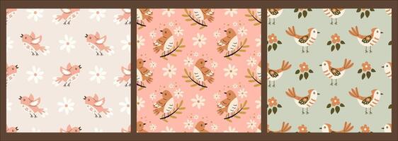 Birds and flowers seamless patterns set vector