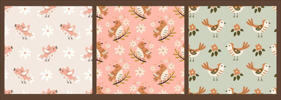 Birds and flowers seamless patterns set vector