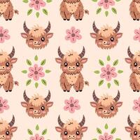 Cute highland cow seamless pattern with flower and leaf vector