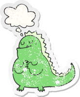 cartoon dinosaur with thought bubble as a distressed worn sticker png