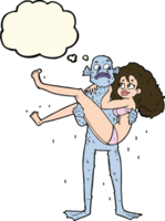 cartoon swamp monster carrying woman in bikini with thought bubble png