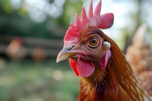 ai generado retrato de gallina en el pollo granja, de cerca con Bokeh. foto