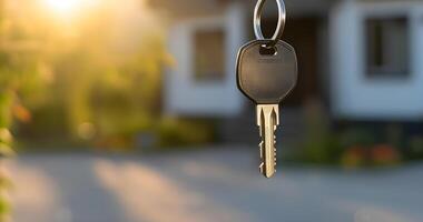 AI generated Keys in front of new house at sunny summer morning or evening photo