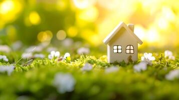 AI generated Tiny toy house on spring grass sprouts. photo