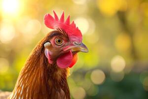 ai generado retrato de gallina en el pollo granja, de cerca con Bokeh. foto