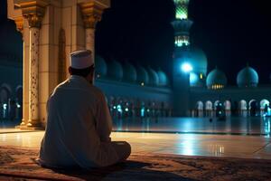 AI generated Muslim prayer sitting in front of mosque at Ramadan night with selective focus, neural network generated image photo