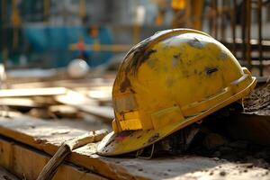 AI generated old yellow hard hat at construction site for safety concept photo