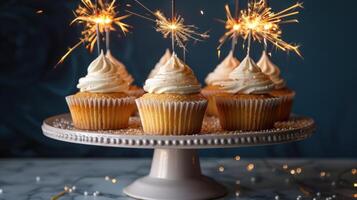 AI generated Cupcakes displayed on a cake stand adorned with sparklers. minimalist blue background photo