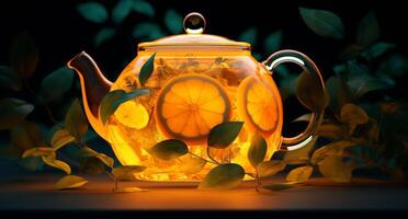 AI generated a glass teapot filled with lemon slices and leaves photo