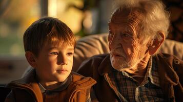 ai generado un tranquilo momento de un niño y un abuelo compartiendo cuentos, puente generaciones foto