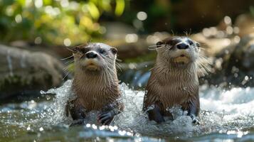 AI generated Playful otters frolicking in sparkling river streams, their antics bringing joy to onlookers. photo