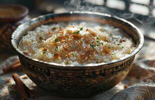 ai generado un cuenco de arroz coronado con canela foto