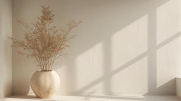 AI generated Minimalist interior decor with ceramic vase and dry plant photo