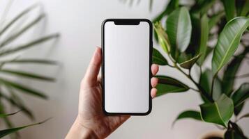 ai generado de cerca mano participación un teléfono con un blanco blanco pantalla convertido hacia el cámara. blanco antecedentes foto