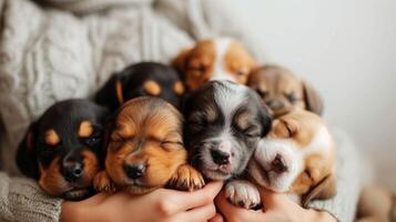 AI generated Adorable puppies snuggled up with their human companions, forming unbreakable bonds of love photo