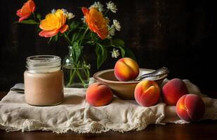 AI generated a jar with peaches and a spoon on top photo
