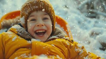 AI generated A happy child rides a sled down a snowy hill  and looks at the camera photo