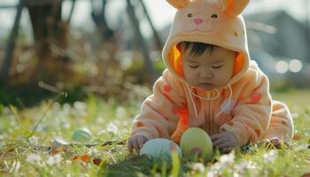 AI generated a baby in an easter rabbit costume and playing with eggs photo