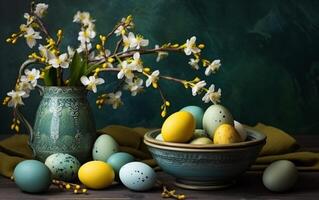 ai generado Pascua de Resurrección huevos en un cesta y flores en el mesa foto