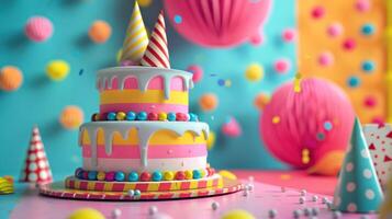 AI generated Vibrant birthday celebration backdrop with a birthday cake and party hats. photo