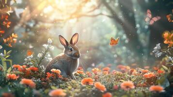 AI generated A whimsical Easter fairytale scene, with a magical forest backdrop, fluttering butterflies photo
