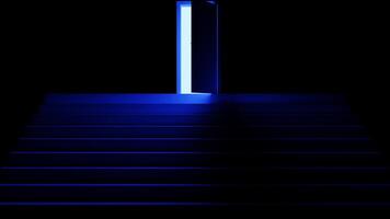 a bright white light appears in a dark room with steps after opening the double door. Abstract minimalist 3d animation. Entrance or exit, way out concept video