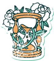 ikoniska bedrövad klistermärke tatuering stil bild av ett timme glas och blommor png